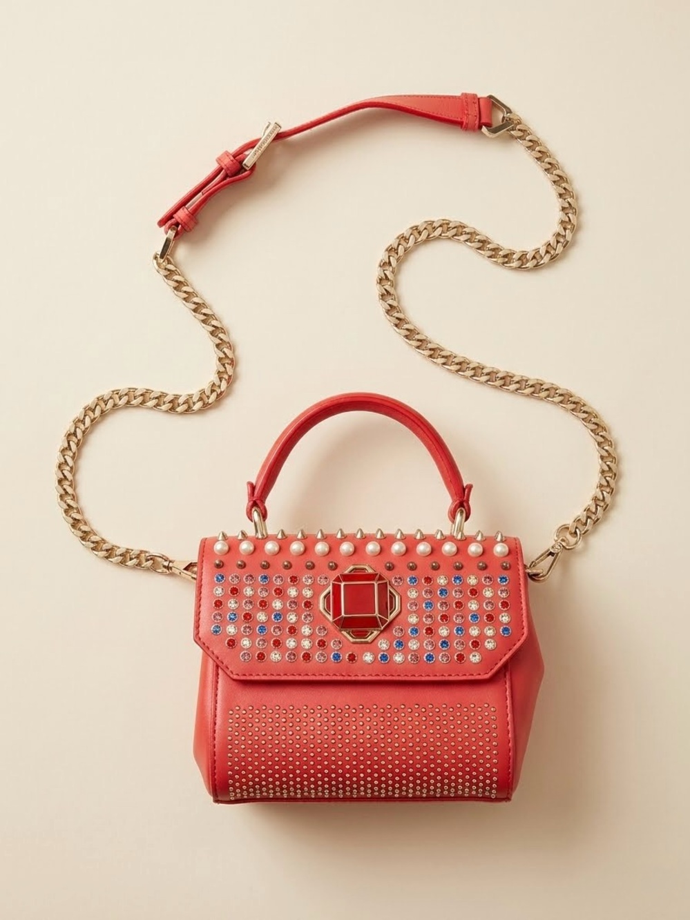 Elie Saab Coral Studded Crossbody Top-Handle Bag with Gold Chain